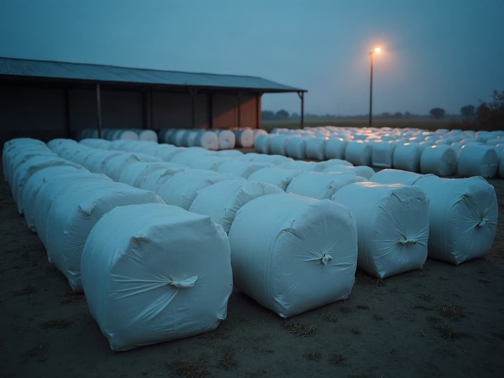 Corn silage bales in white UV-resistant film, stacked in our storage yard
