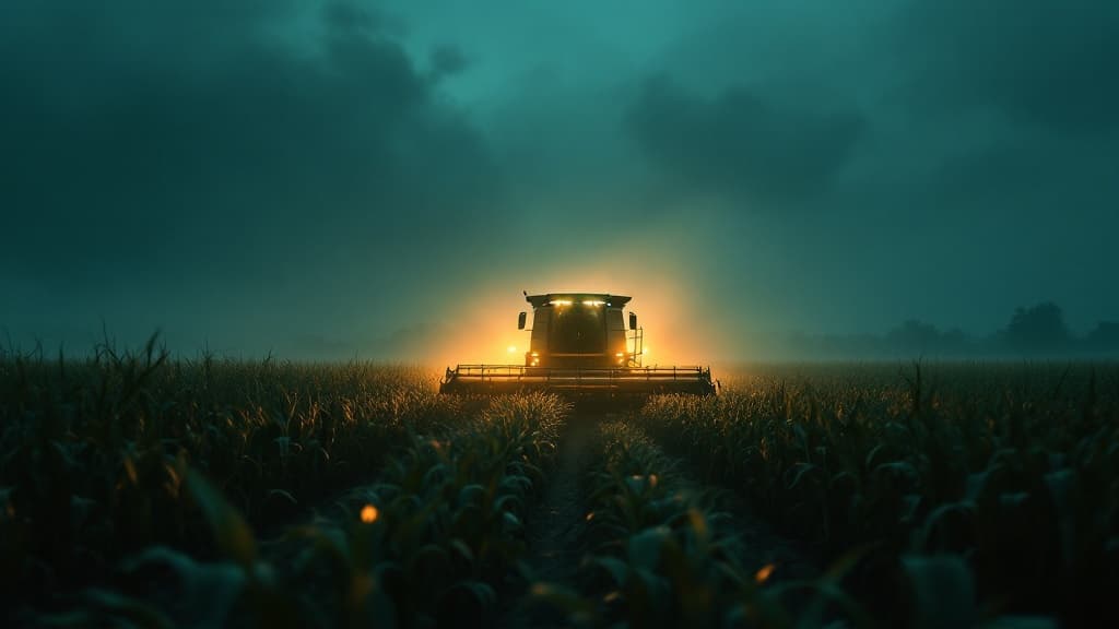 Forage harvester working a corn field at dusk
