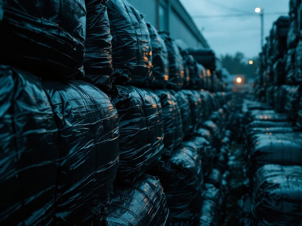 Wrapped corn silage bales stacked in a storage yard